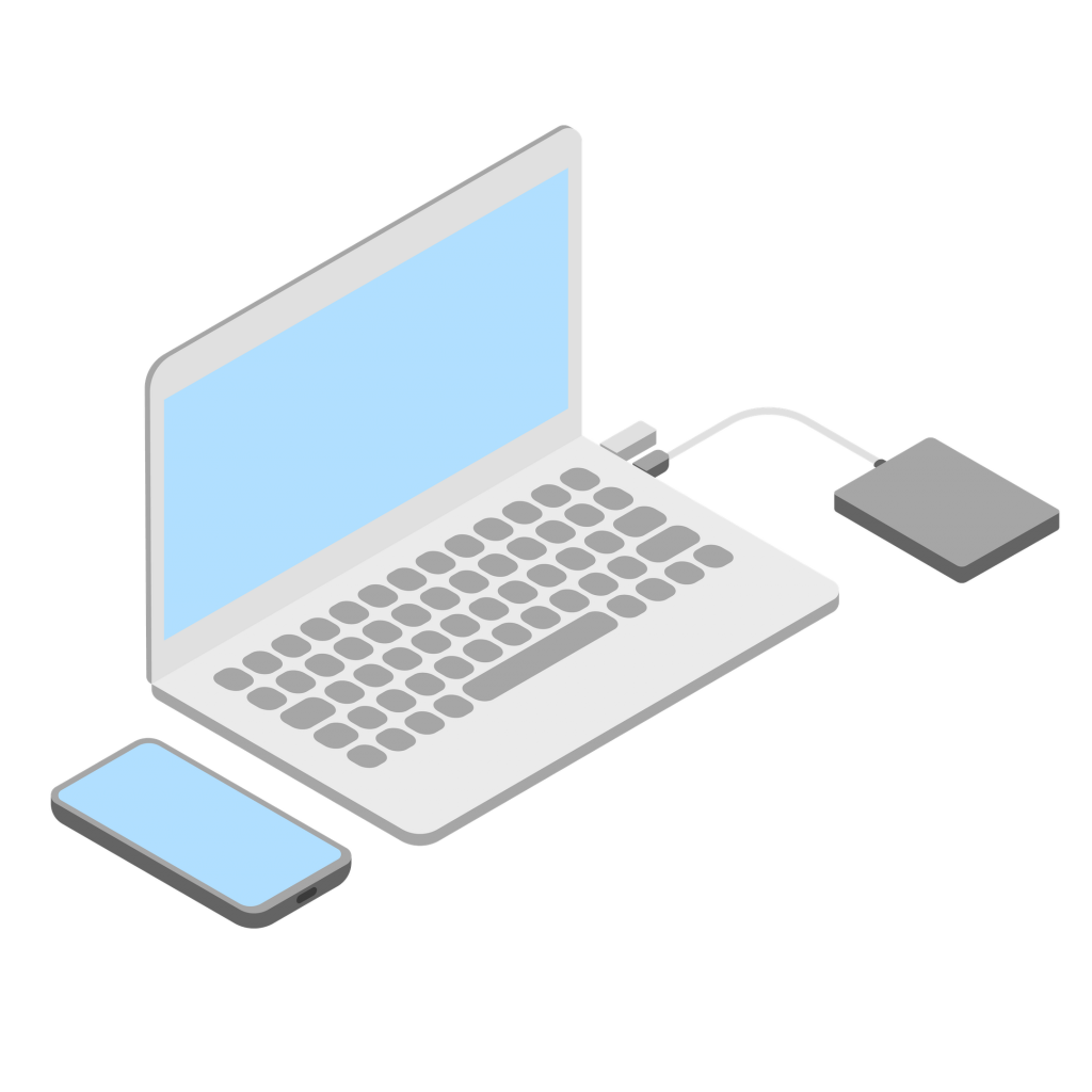 vector illustration of a laptop, smartphone, USB-stick and hard drive