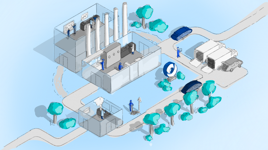 coloured sketch of a factory site